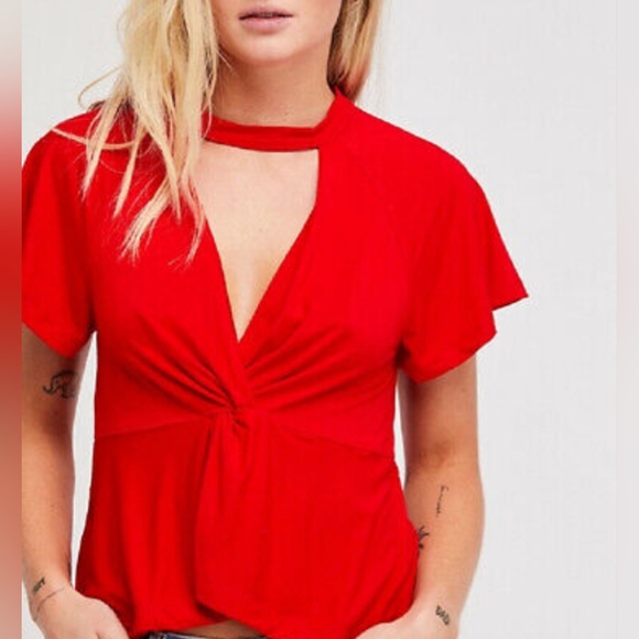 Free People Just a Twist Red Suplice Neckline Top Medium EUC - Picture 2 of 11